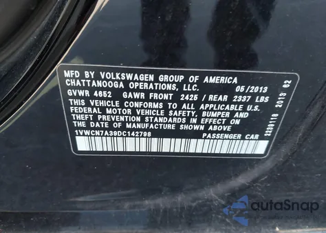 2013 Volkswagen Passat 2.0L Tdi Sel Premium from USA, damaged, VIN 1VWCN7A39DC142798